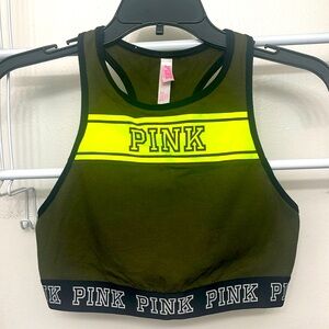 Victoria’s Secret Pink, sports bra, army color with yellow, size large